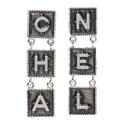 Chanel Metal Crystal Cha-Nel Logo Drop Earrings Silver 1 of 4