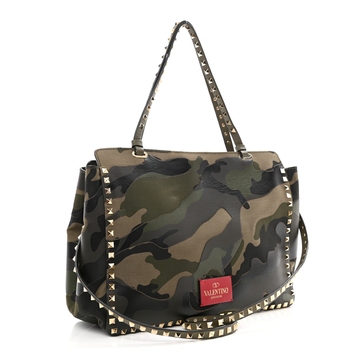 Valentino Garavani Nappa Canvas Camouflage Medium Rockstud Tote Verde Rouge 3 of 18