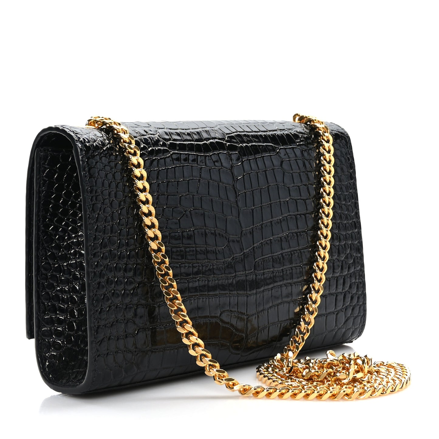 Calfskin Crocodile Embossed Small Classic Monogram Kate Tassel Satchel Black