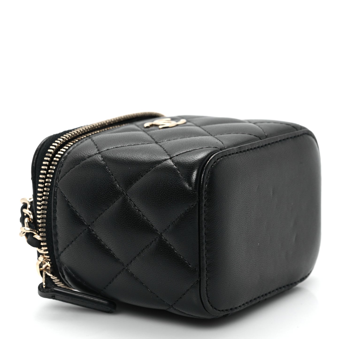 Lambskin Quilted Top Handle Mini Vanity Case With Chain Black