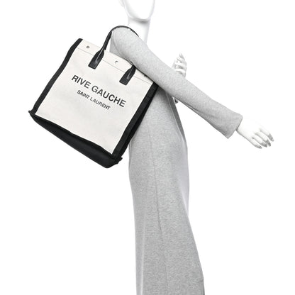Saint Laurent Linen Calfskin Rive Gauche North South Tote White Black 2 of 10