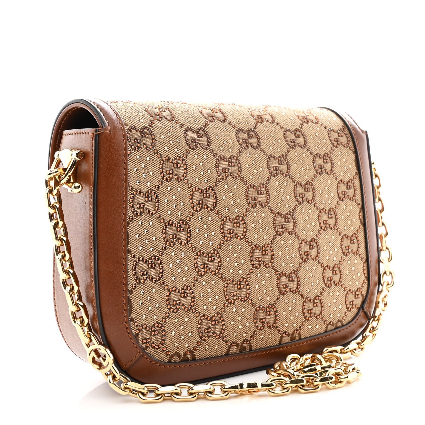New Canvas Charisma Calfskin Crystal GG Monogram Mini Horsebit 1955 Shoulder Bag Camel Ebony