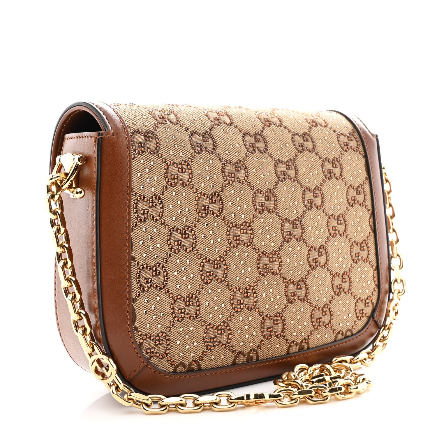 Gucci New Canvas Charisma Calfskin Crystal GG Monogram Mini Horsebit 1955 Shoulder Bag Camel Ebony 3 of 11