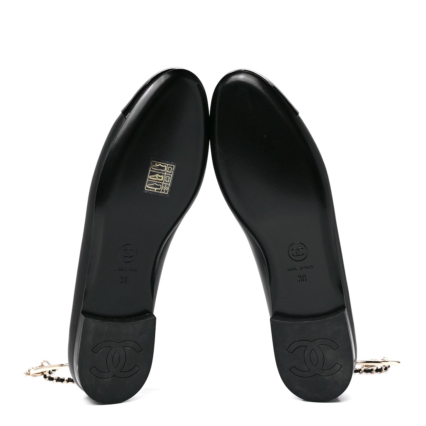 Lambskin Patent Calfskin Cap Toe Ankle Chain Ballerina Flats 38 Black