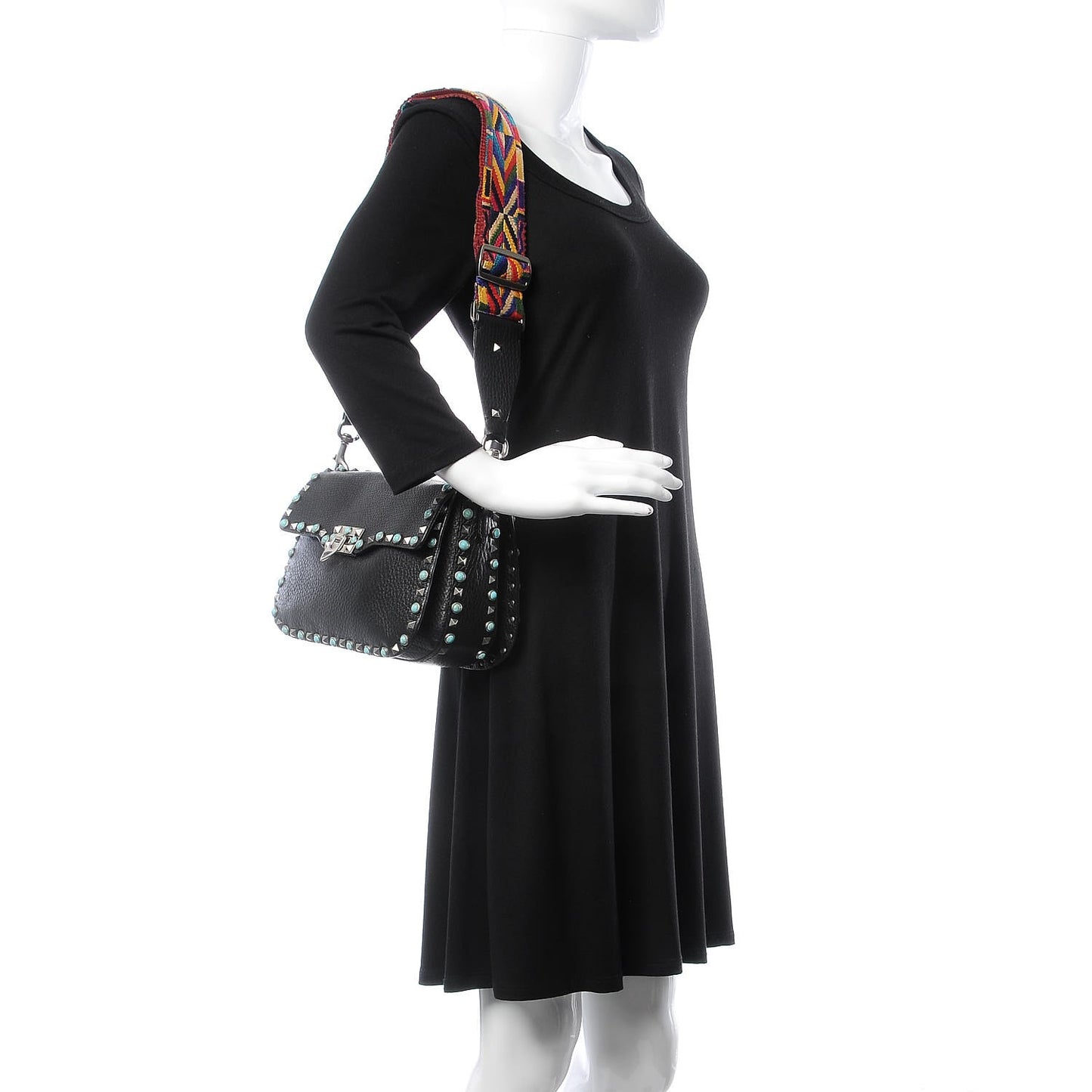 Pebbled Calfskin Turquoise Medium Guitar Strap Rockstud Rolling Flap Saddle Bag Black