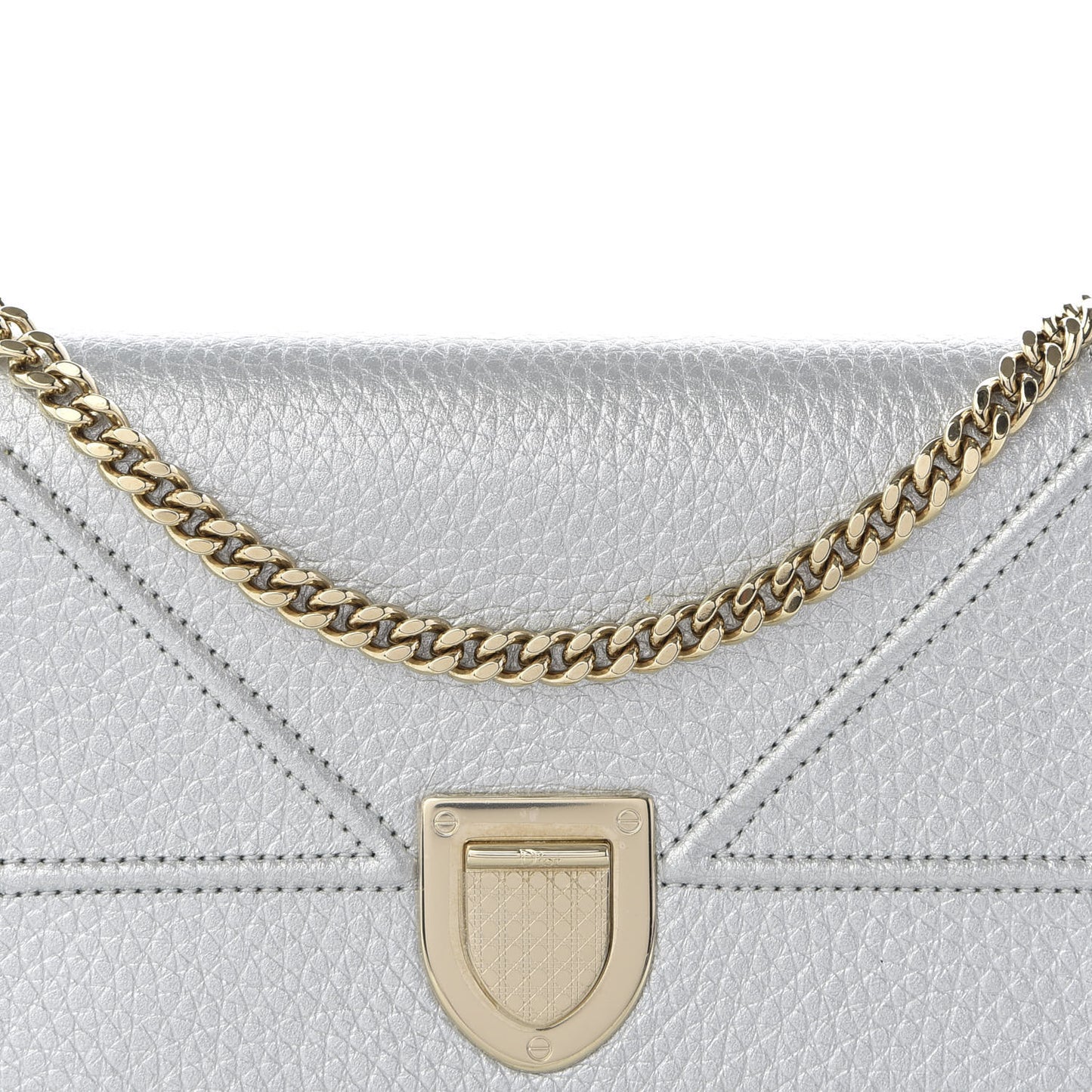 Metallic Grained Calfskin Diorama Croisiere Chain Wallet Silver