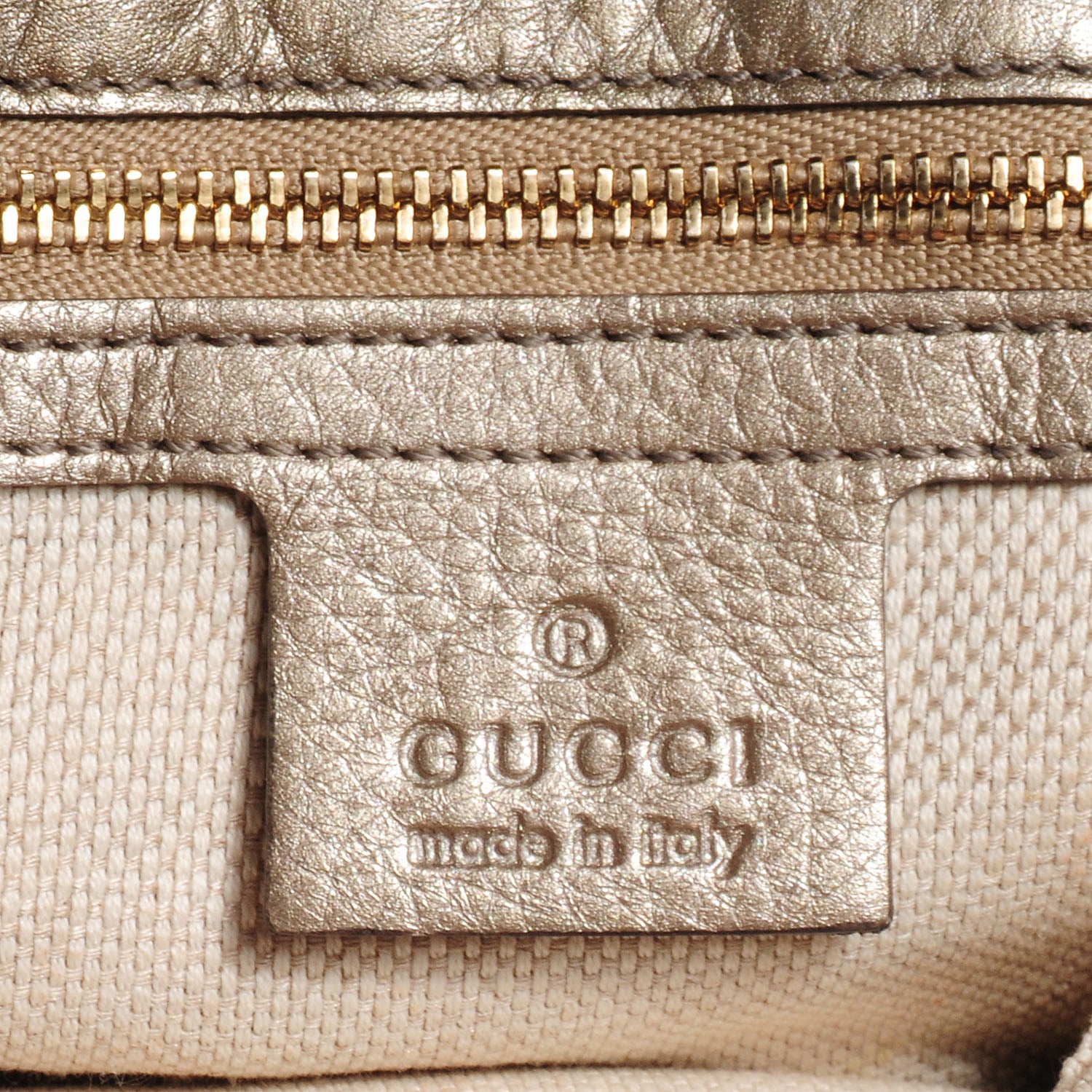 Gucci Metallic Pebbled Calfskin Medium Soho Flap Crossbody Golden Beige 9 of 10