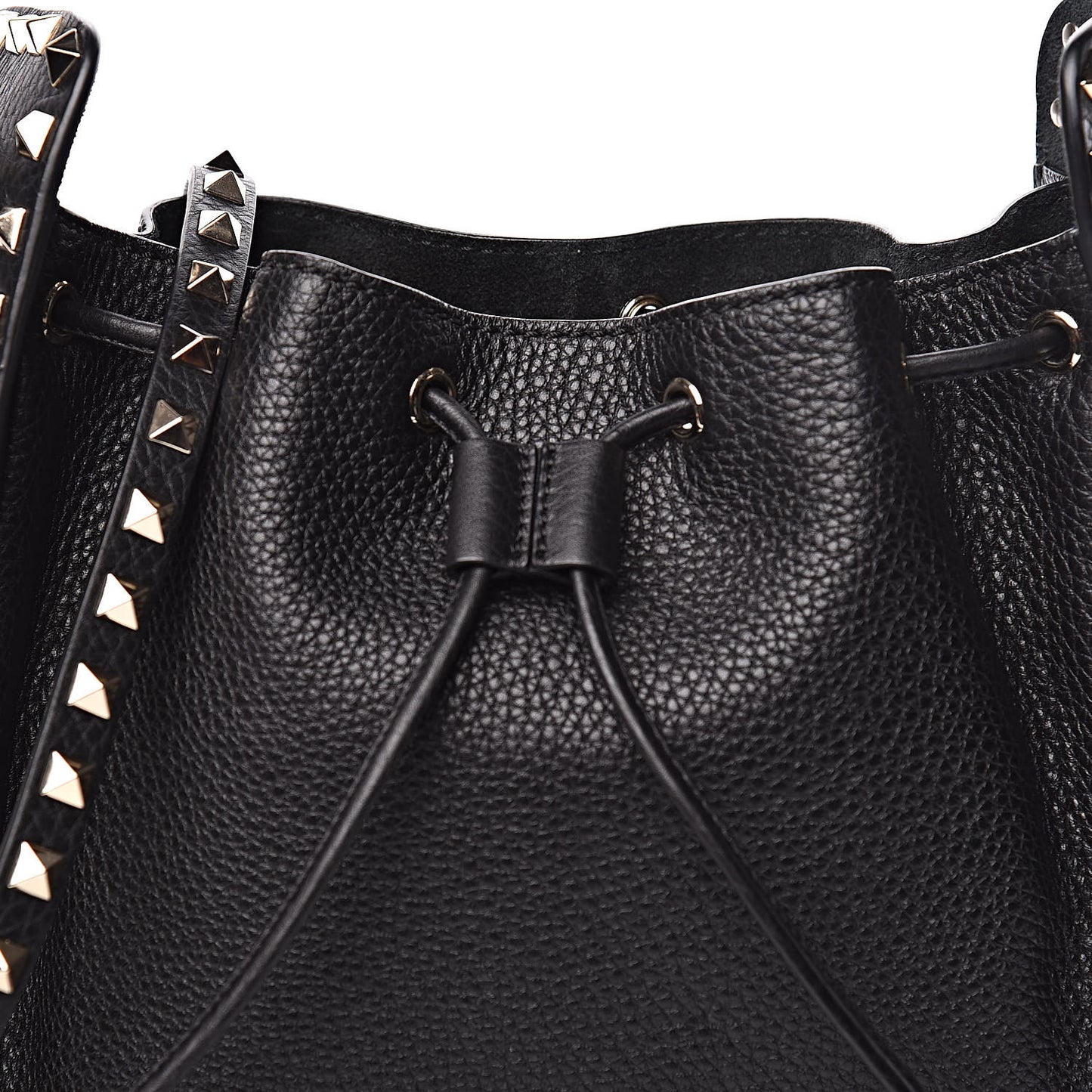 Grained Calfskin Rockstud Bucket Bag Black