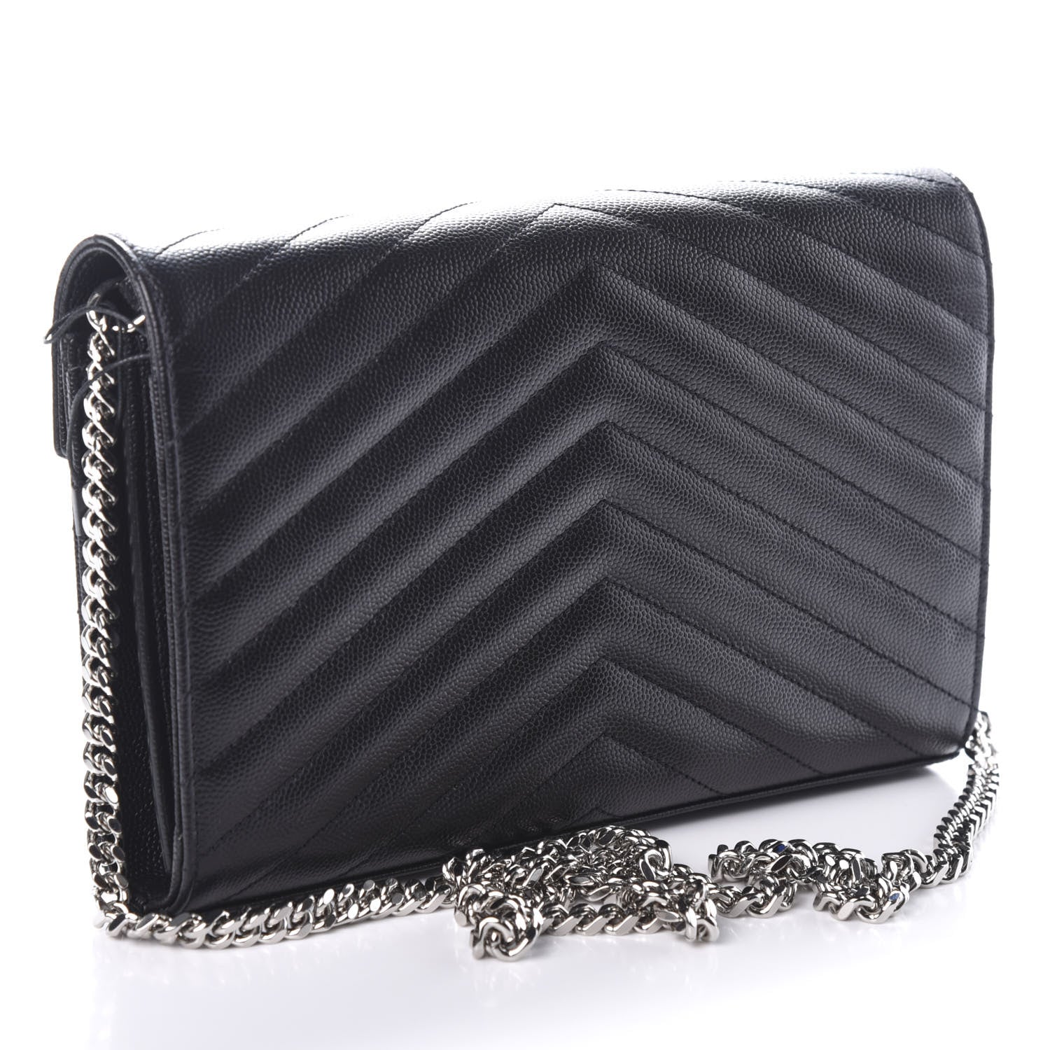 Saint Laurent Grain De Poudre Matelasse Chevron Monogram Chain Wallet Black 3 of 8