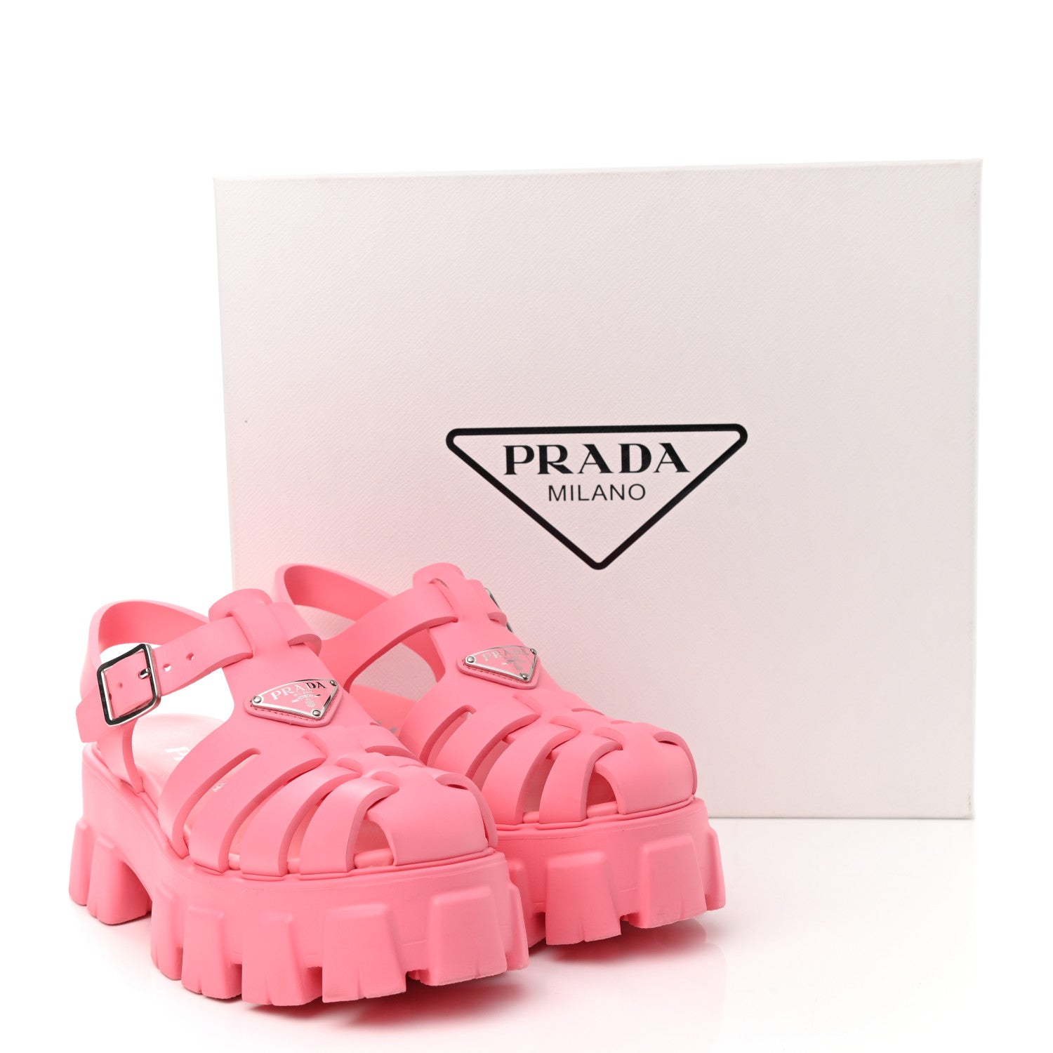 Prada Foam Rubber Metal Triangle Logo Monolith 55mm Cage Sandals 38 Begonia 9 of 9