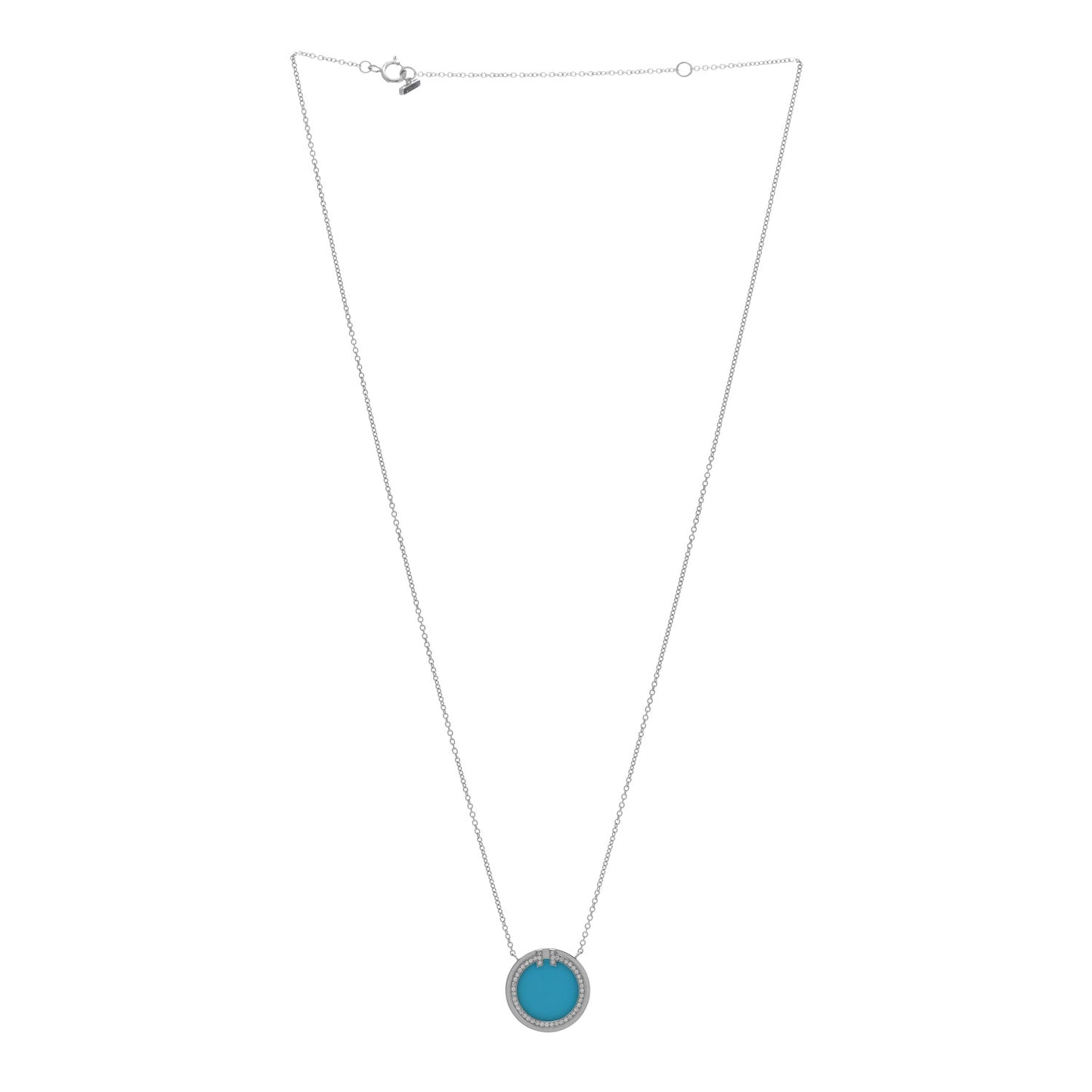 18K White Gold Diamond Turquoise T Circle Pendant Necklace