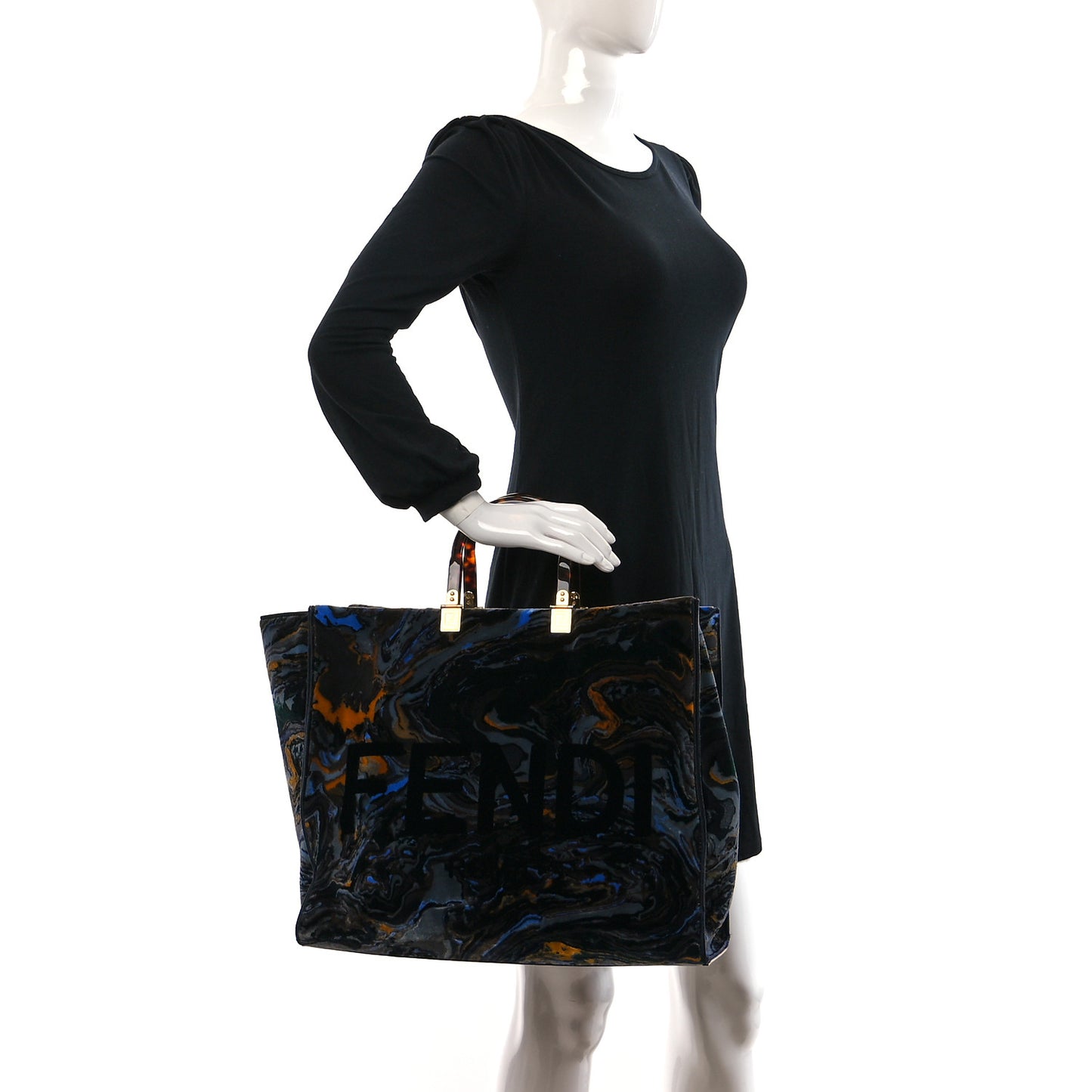 Velvet Plexiglass Marble Logo Embroidered Large Fendi Sunshine Shopper Tote Blue Multicolor