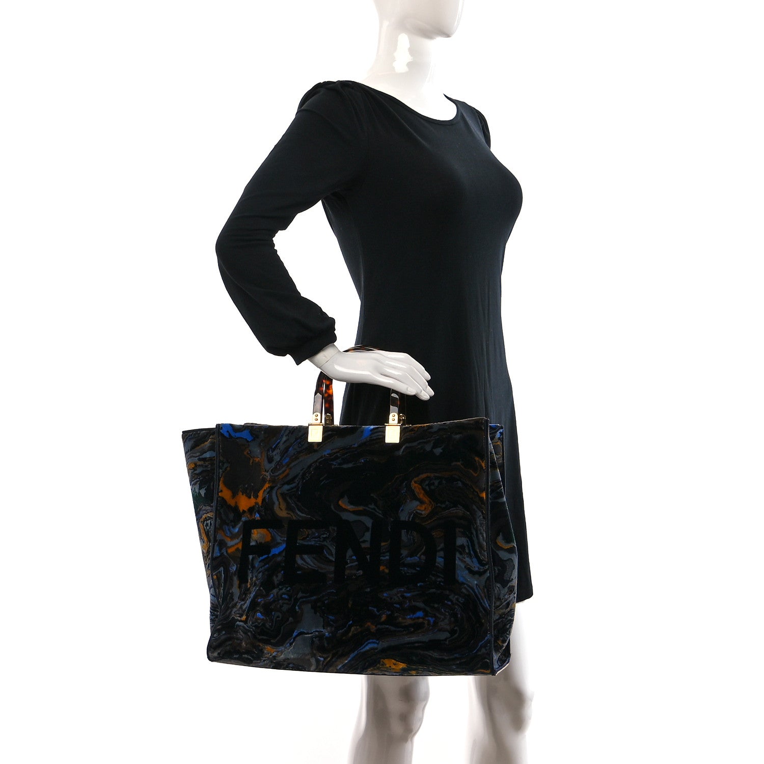 Fendi Velvet Plexiglass Marble Logo Embroidered Large Fendi Sunshine Shopper Tote Blue Multicolor 2 of 10