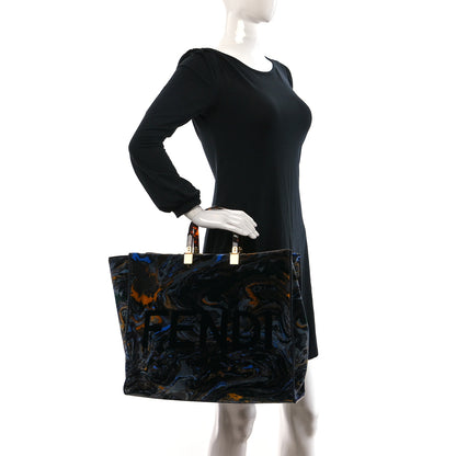 Fendi Velvet Plexiglass Marble Logo Embroidered Large Fendi Sunshine Shopper Tote Blue Multicolor 2 of 10