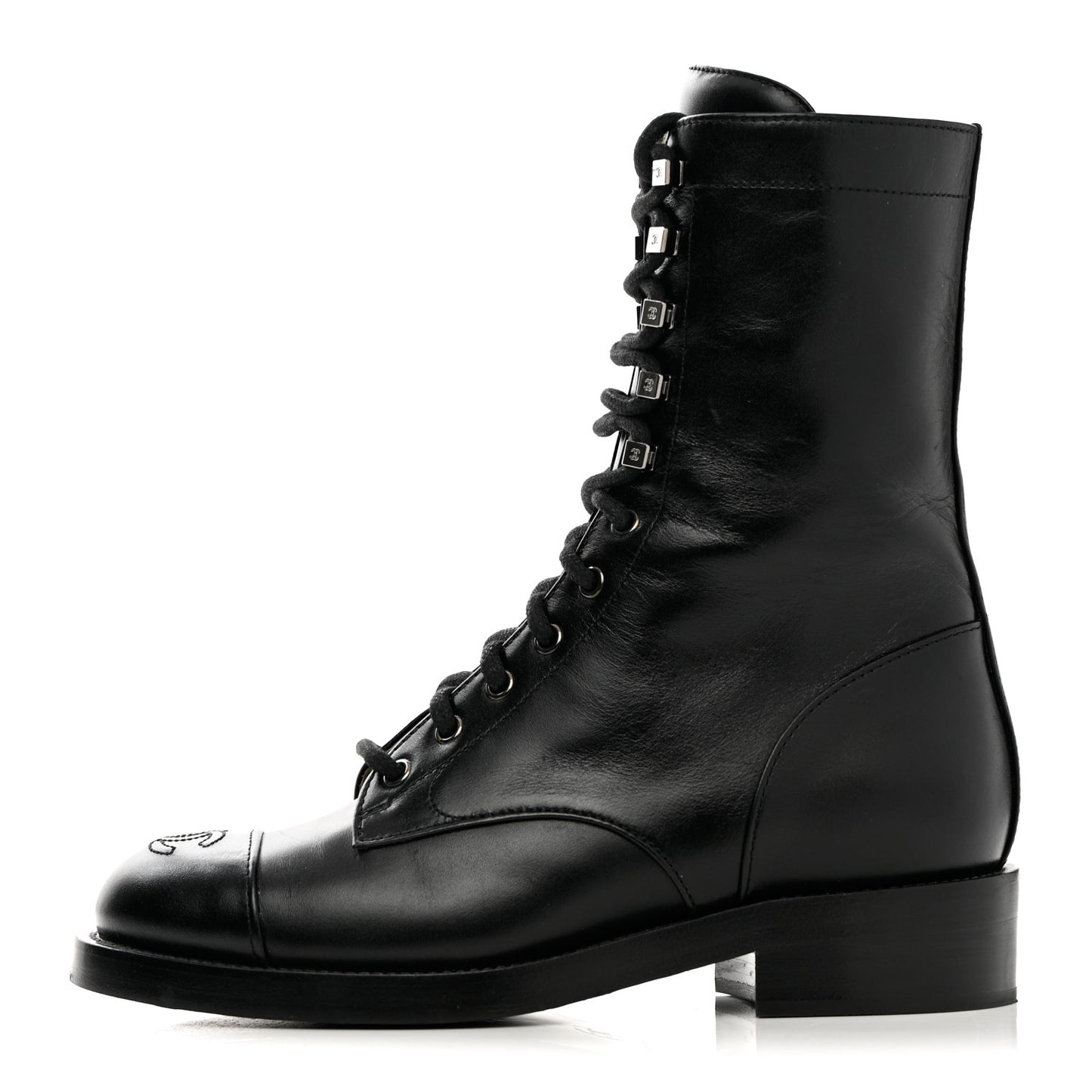 Calfskin Cap Toe Lace Up Combat Boots 38 Black