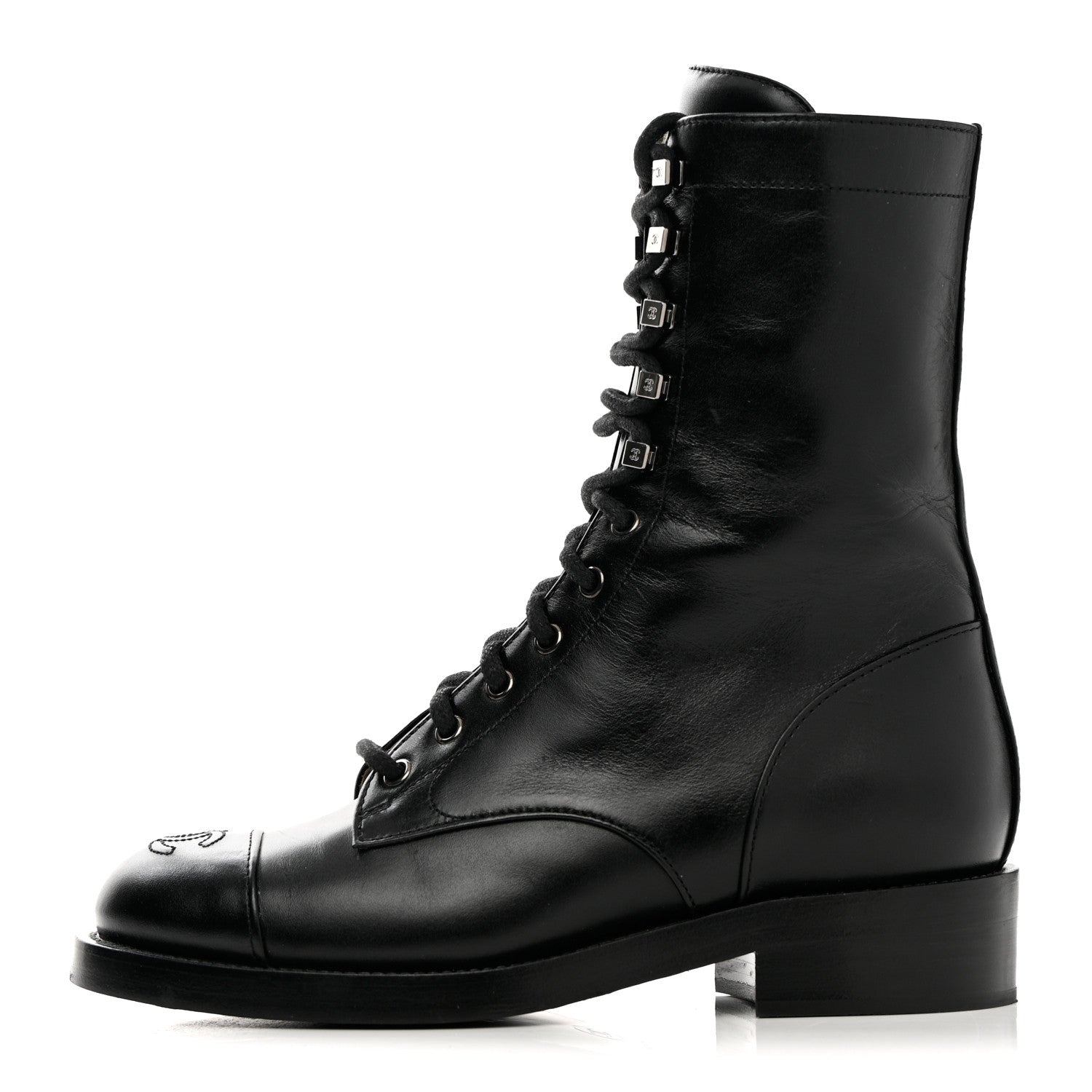 Chanel Calfskin Cap Toe Lace Up Combat Boots 38 Black 1 of 11