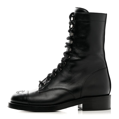 Chanel Calfskin Cap Toe Lace Up Combat Boots 38 Black 1 of 11