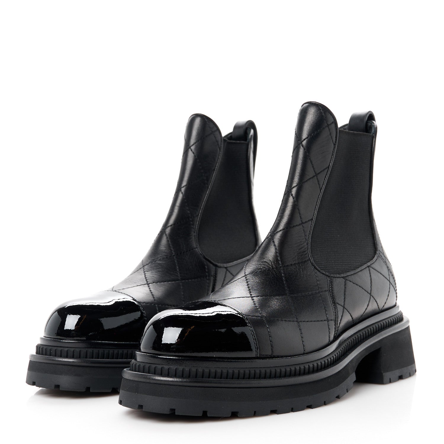 Chanel Calfskin Patent Cap Toe Quilted Short Boots 37 Black 3 of 8