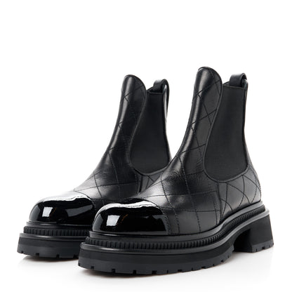 Chanel Calfskin Patent Cap Toe Quilted Short Boots 37 Black 3 of 8