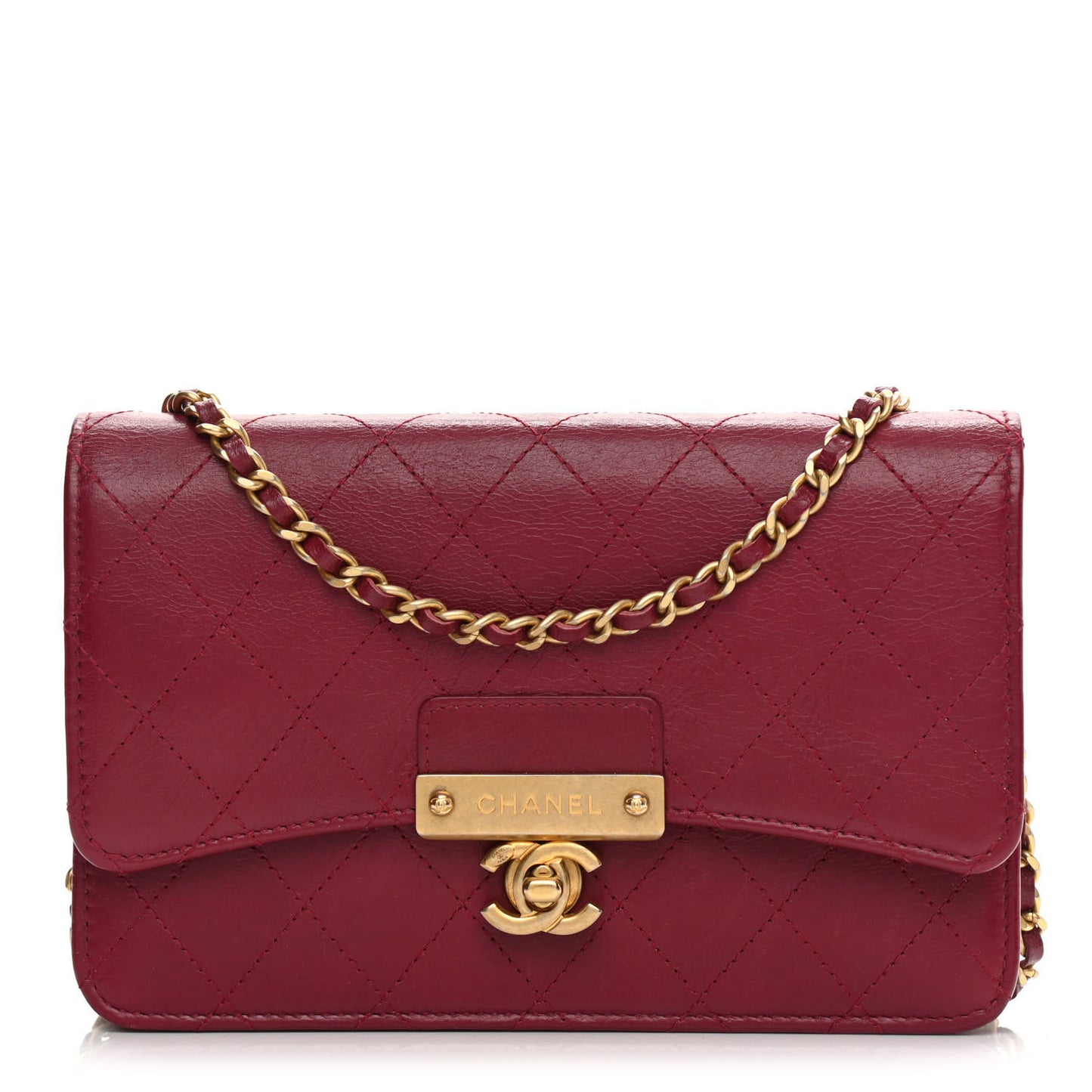 Goatskin Stitched Golden CC Wallet on Chain WOC Dark Red