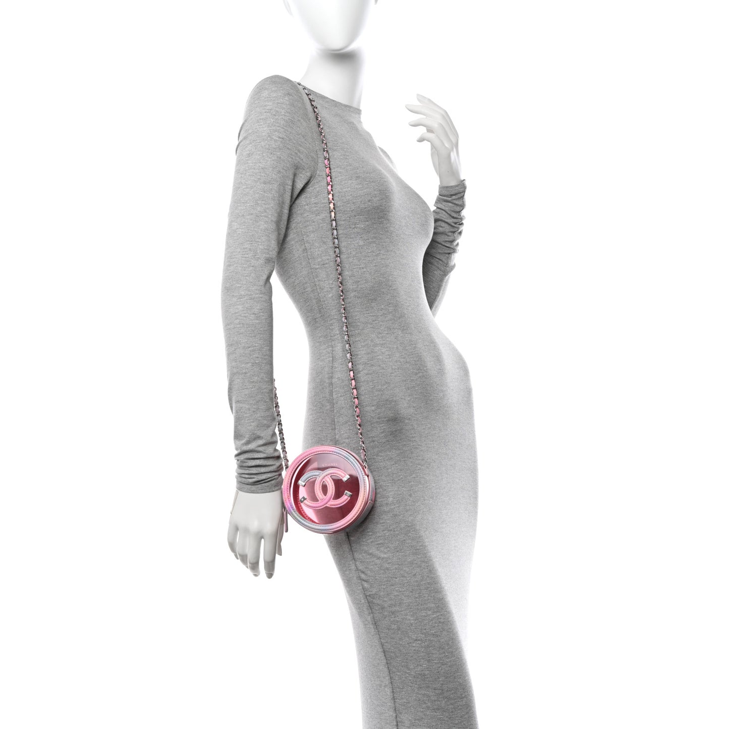 PVC Lambskin Filigree Round Clutch With Chain Pink