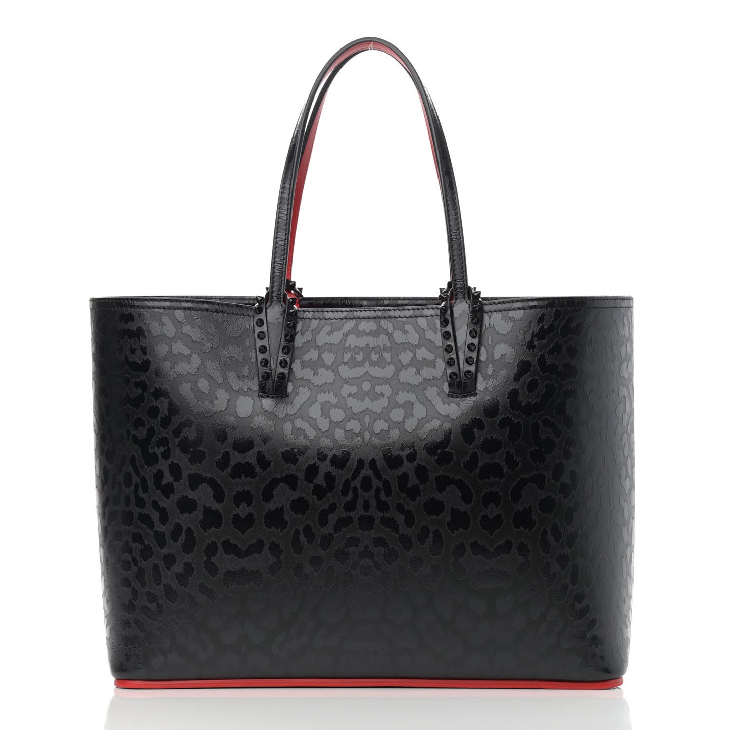 Patent Calfskin Leopard Print Spikes East West Cabata Tote Black