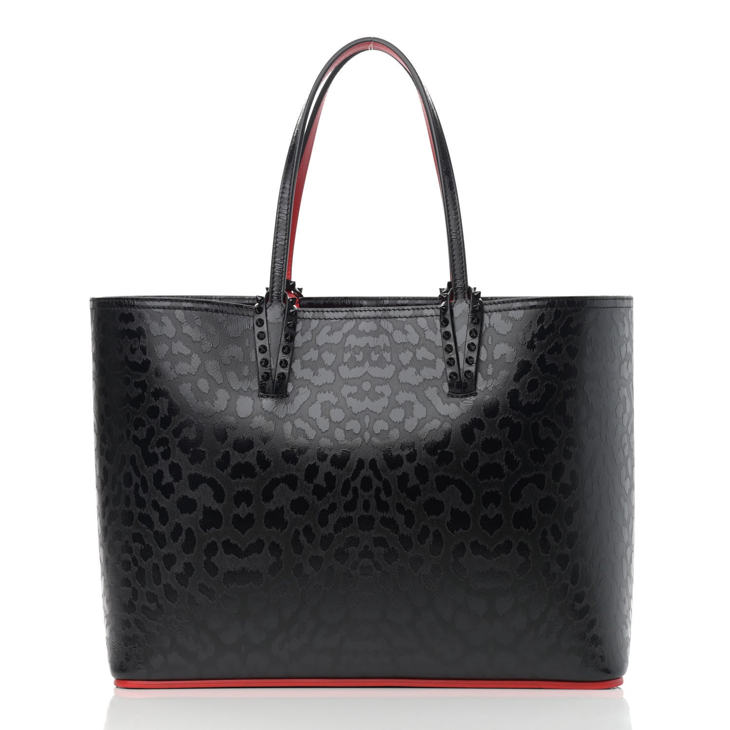 Christian Louboutin Patent Calfskin Leopard Print Spikes East West Cabata Tote Black 3 of 11