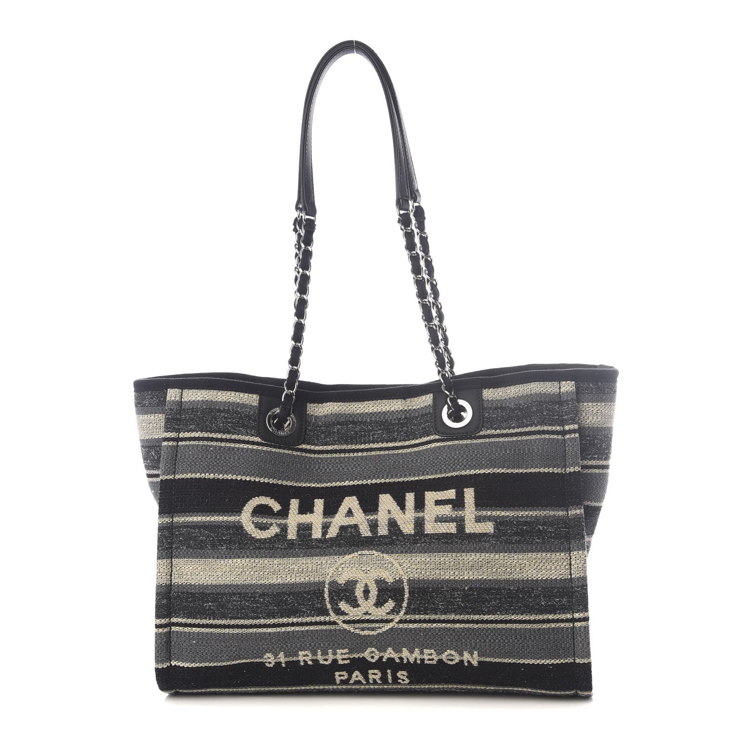 Chanel Striped Canvas Small Deauville Tote Dark Grey 1 of 8