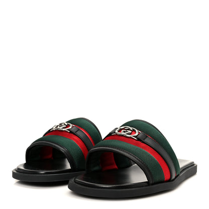 Gucci Nylon Calfskin Web Interlocking G Mens Maverik Slide Sandals 41 Black Green Red 4 of 9