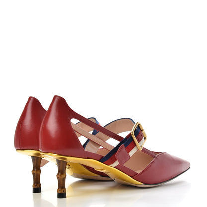 Gucci Malaga Kid Grosgrain Sylvie Web Bamboo Mules 36 Hibiscus Red 4 of 10