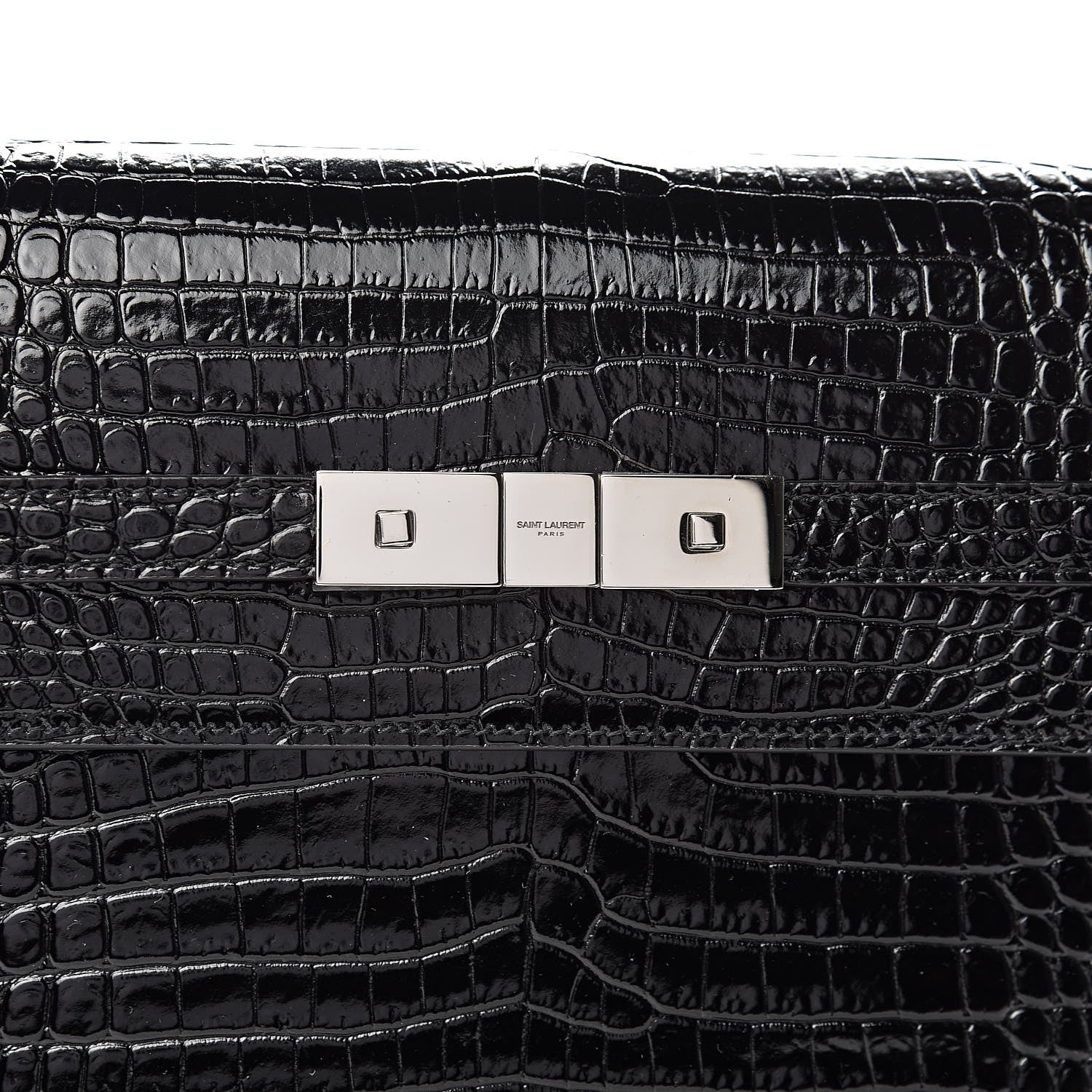 Saint Laurent Shiny Calfskin Crocodile Embossed Manhattan Baguette Black 7 of 9