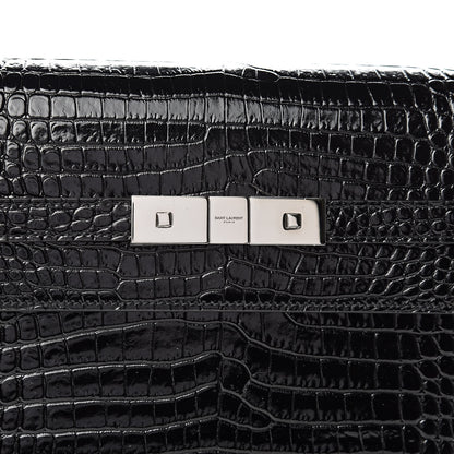 Saint Laurent Shiny Calfskin Crocodile Embossed Manhattan Baguette Black 7 of 9