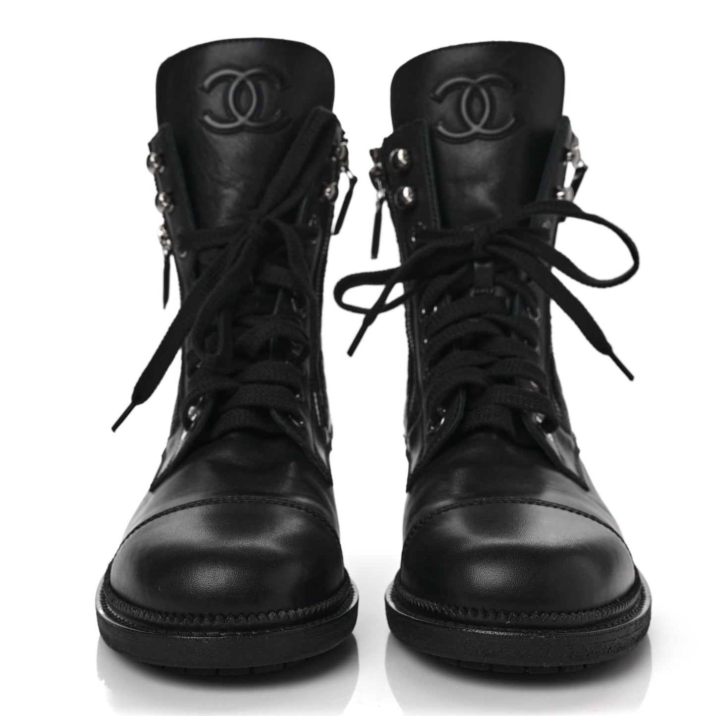 Calfskin Quilted Lace Up Combat Boots 38.5 Black