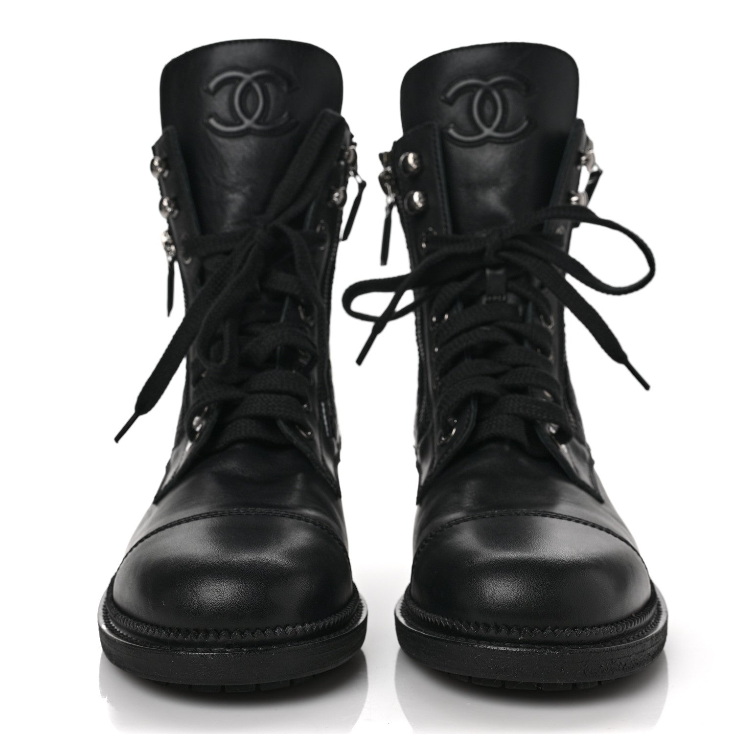 Chanel Calfskin Quilted Lace Up Combat Boots 38.5 Black 2 of 9