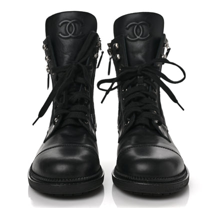 Chanel Calfskin Quilted Lace Up Combat Boots 38.5 Black 2 of 9