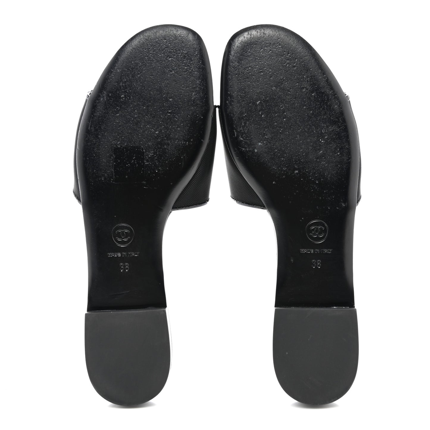Mesh Patent Calfskin CC Mules 38 Black