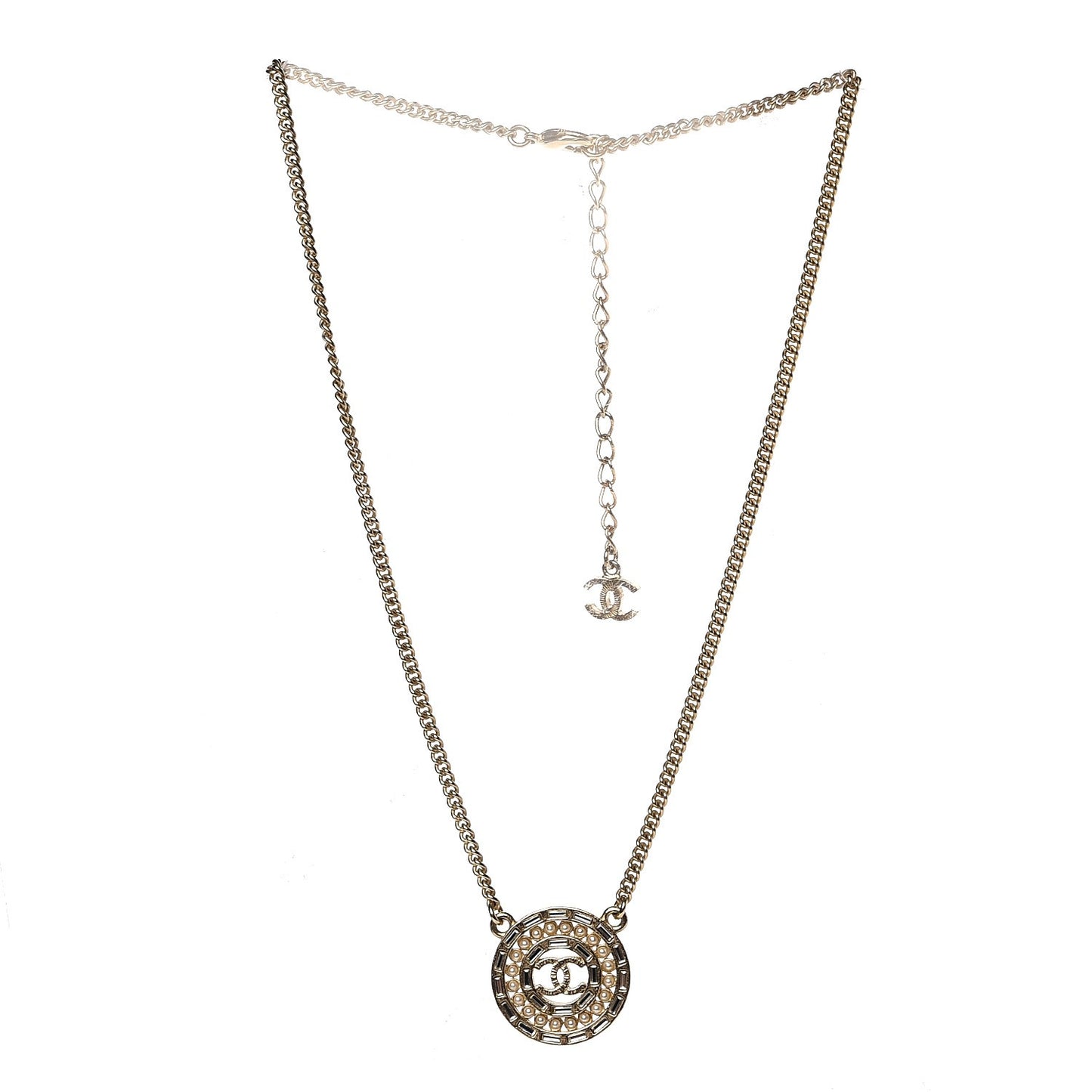 Crystal Pearl CC Medallion Necklace Light Gold