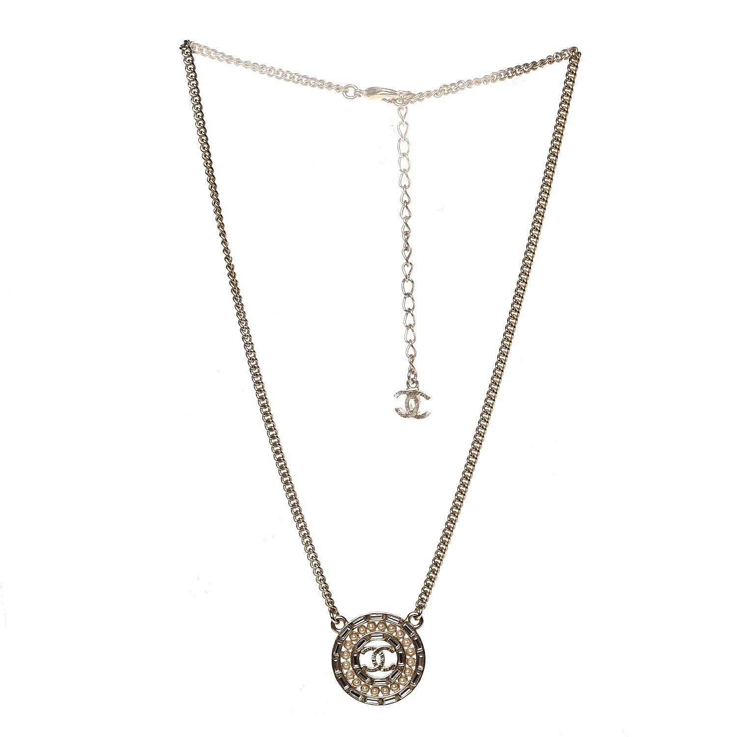 Chanel Crystal Pearl CC Medallion Necklace Light Gold 3 of 5