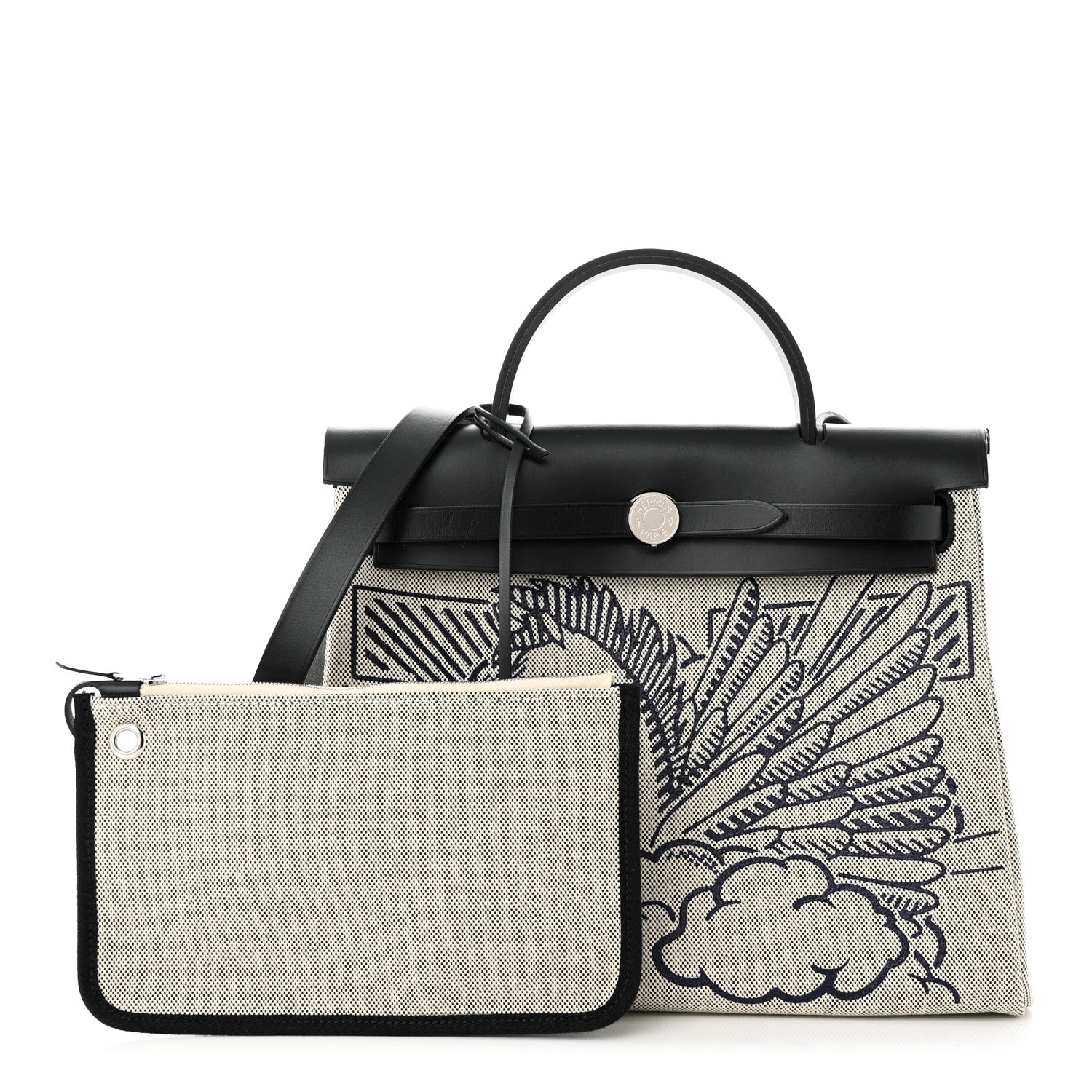 Hermes Vache Hunter Toile H Pegase Pop Herbag Zip Retourne 31 PM Bleu Indigo Ecru Black 1 of 12