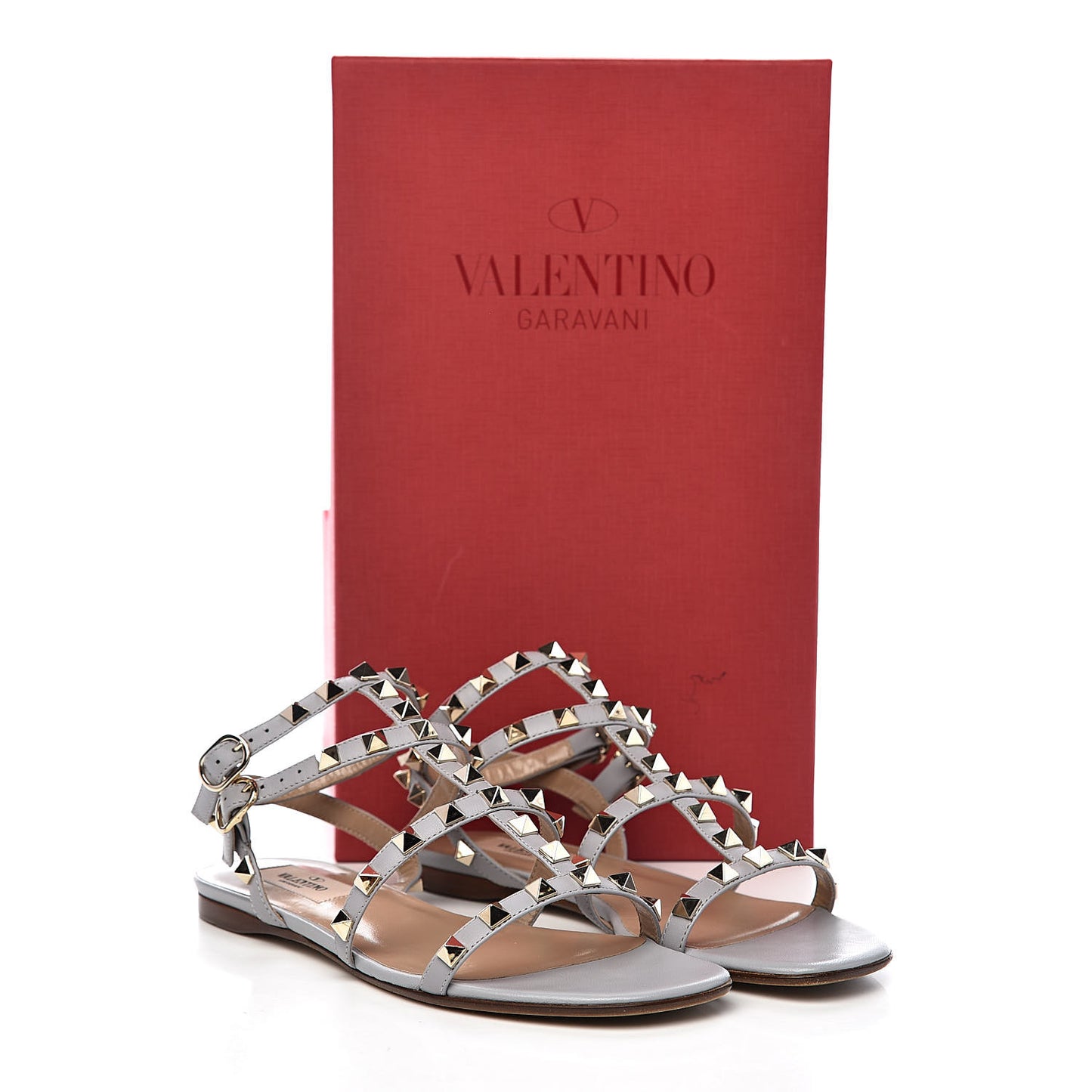Calfskin Nappa Rockstud Gladiator Flat Sandals 35.5 Pastel Grey