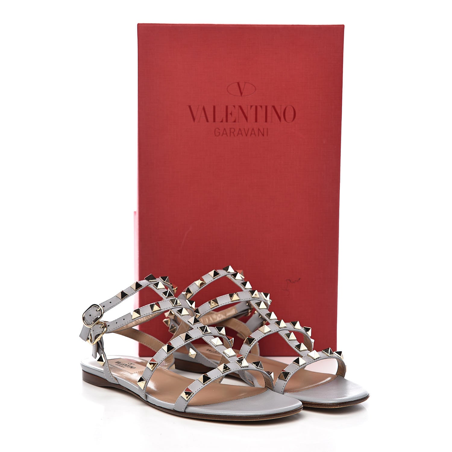 Valentino Garavani Calfskin Nappa Rockstud Gladiator Flat Sandals 35.5 Pastel Grey 9 of 9