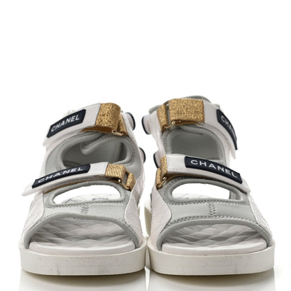 Chanel Goatskin Fabric Gladiator Sandals 39.5 White Light Grey Navy Blue 2 of 4