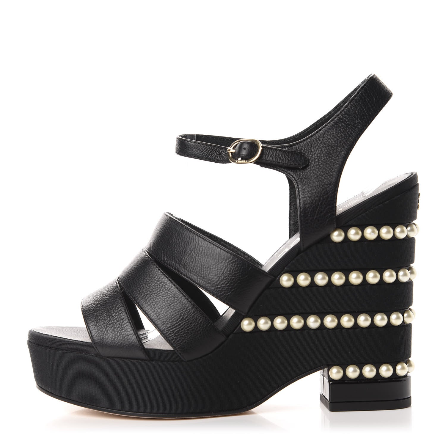 Chanel Calfskin Grosgrain Pearl Wedge Sandals 40 Black 1 of 10