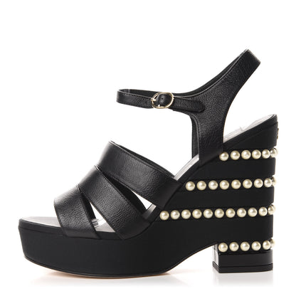 Chanel Calfskin Grosgrain Pearl Wedge Sandals 40 Black 1 of 10