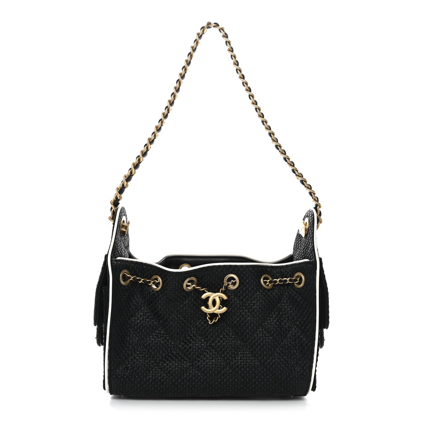 Braided Raffia Calfskin Quilted Mini Chanel 25 Handbag Black White