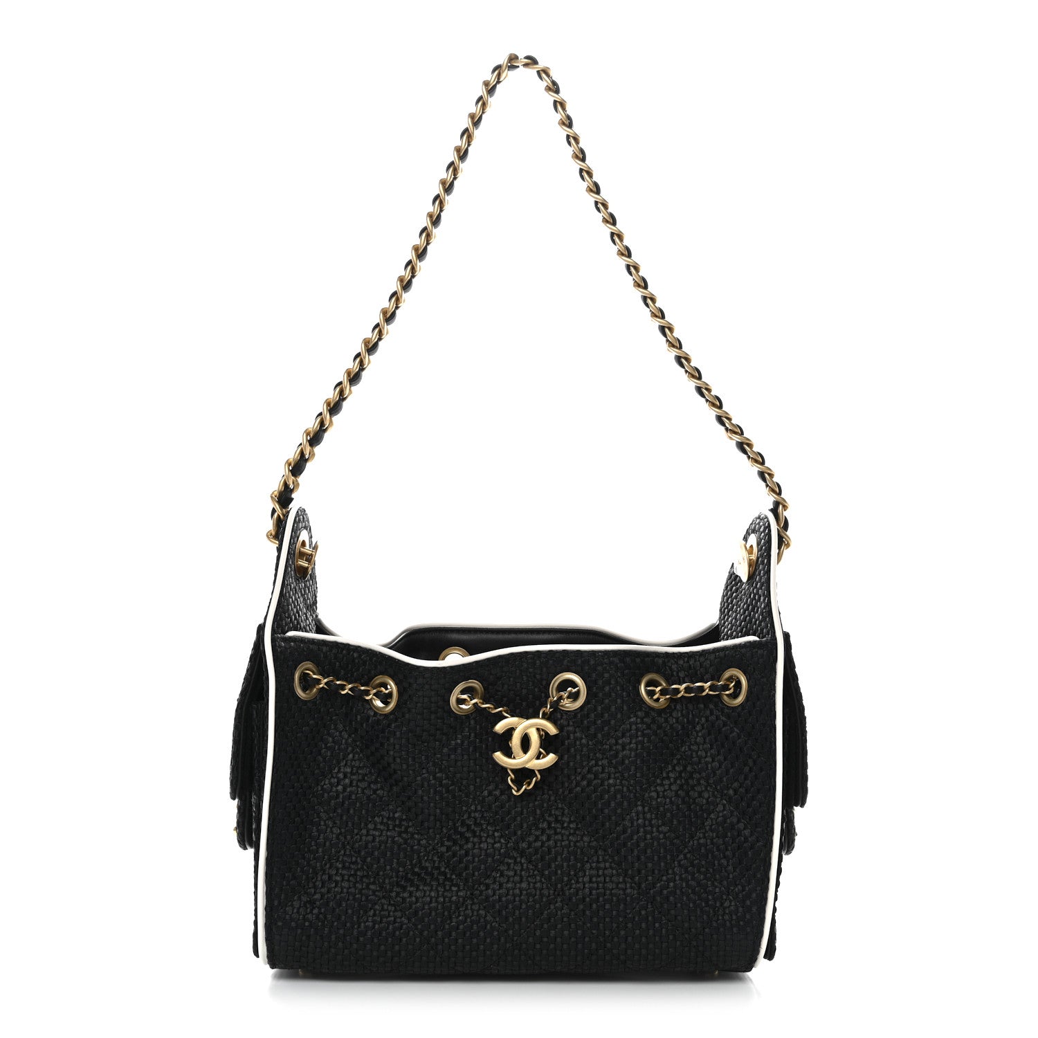 Chanel Braided Raffia Calfskin Quilted Mini Chanel 25 Handbag Black White 1 of 11