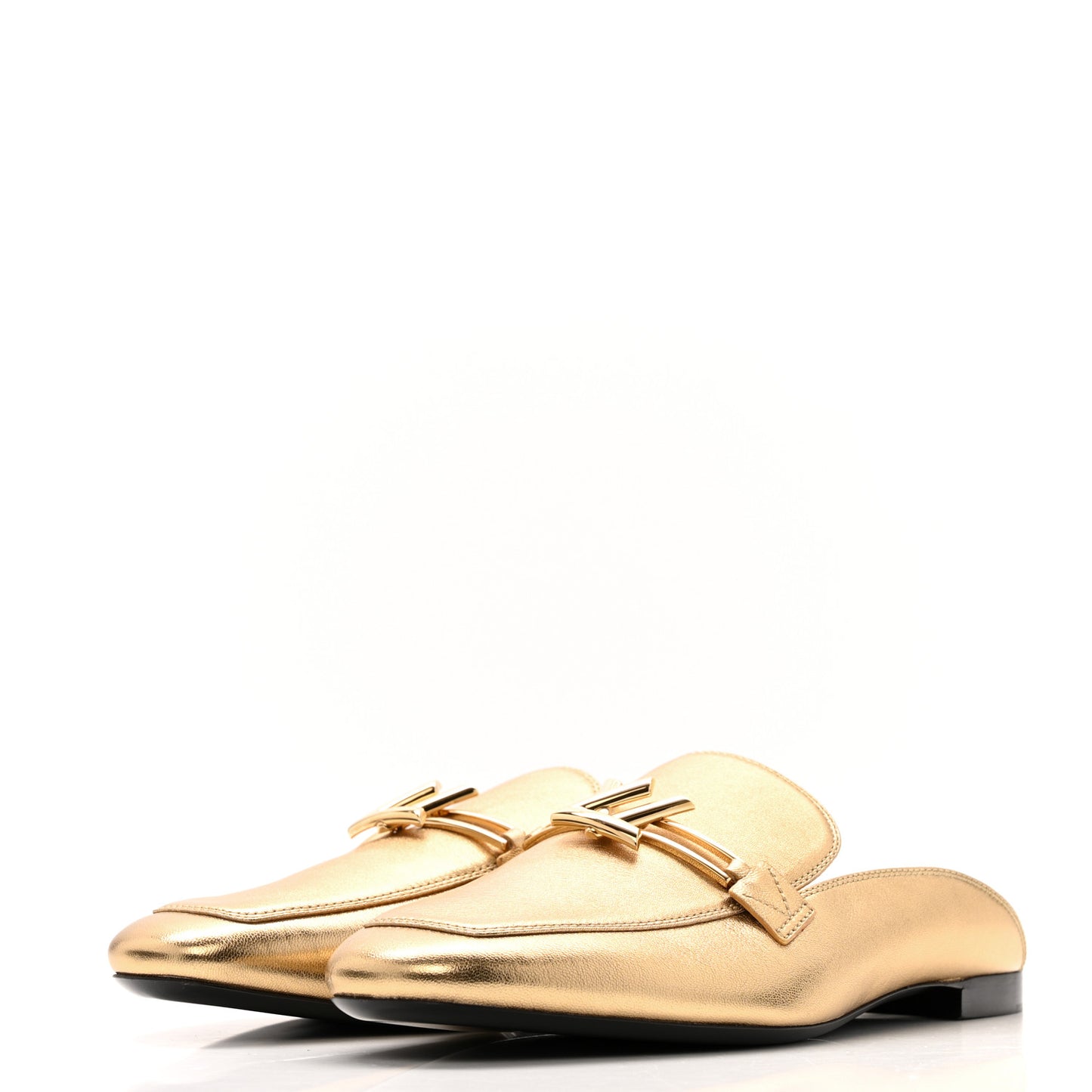 Metallic Lambskin Upper Case Open Back Flat Loafer 40 Gold