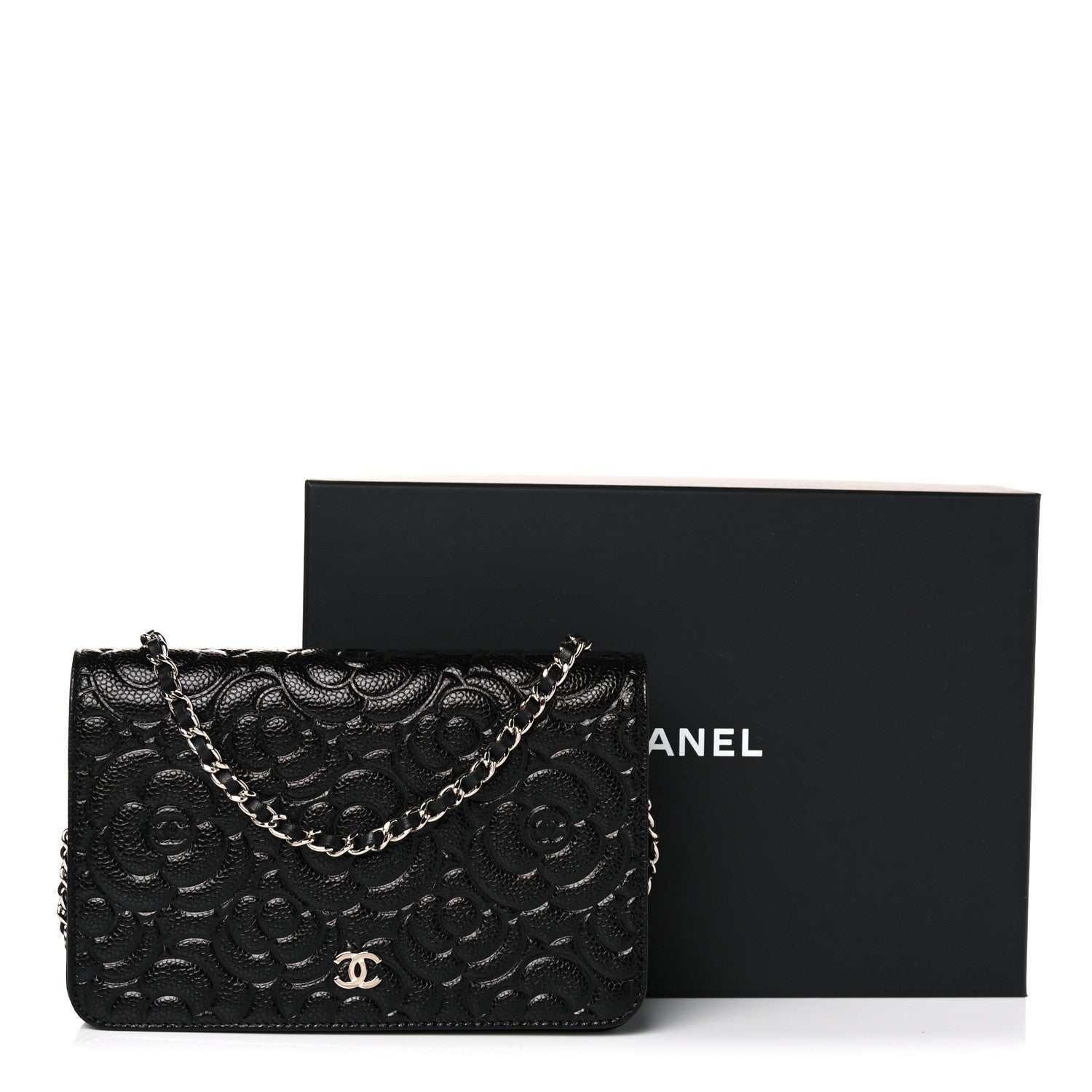 Chanel Caviar Camellia Embossed Wallet On Chain WOC Black 10 of 10