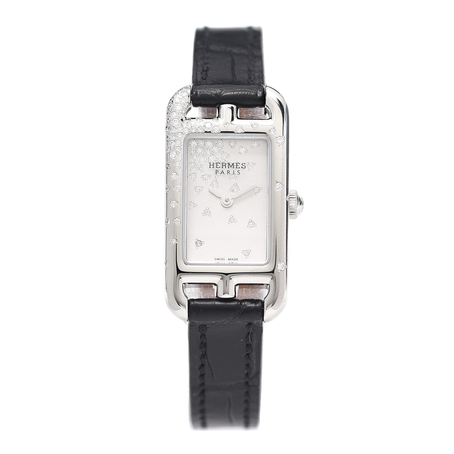 Hermes Stainless Steel Alligator Diamond 17mm Nantucket Jete De Diamants Quartz Watch Noir 1 of 5