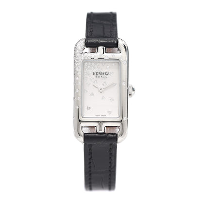 Hermes Stainless Steel Alligator Diamond 17mm Nantucket Jete De Diamants Quartz Watch Noir 1 of 5